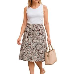 Merona 100% Linen Midi Skirt A Line Street Scenes Floral White Red Green Gold 12